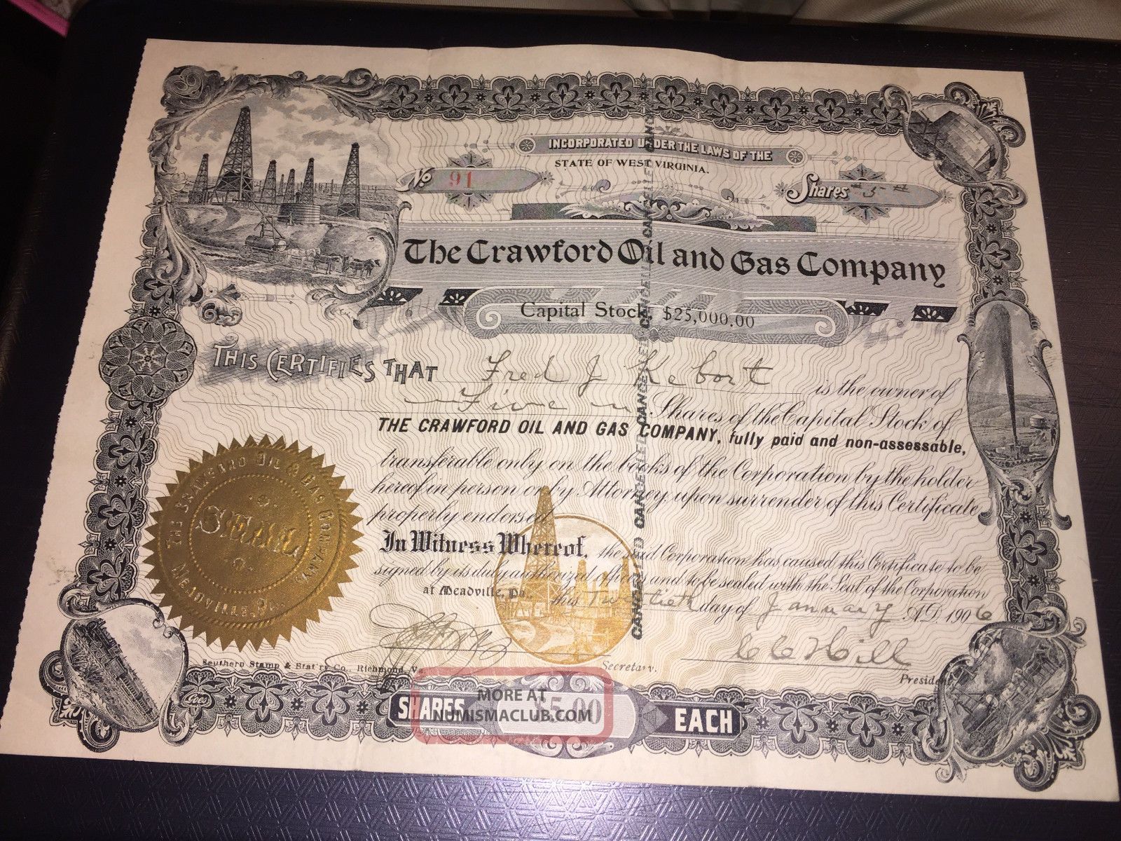 1906 Crawford Oil And Gas Company Meadville,  Pa Capital Stock Cerfificate Stocks & Bonds, Scripophily photo
