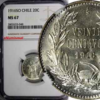 Chile Silver 1916 So 20 Centavos Ngc Ms67 Top Graded Coin By Ngc Km 151.  4 photo