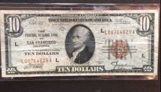 1929 Federal Reserve Note $10 National Currency San Francisco Ca photo