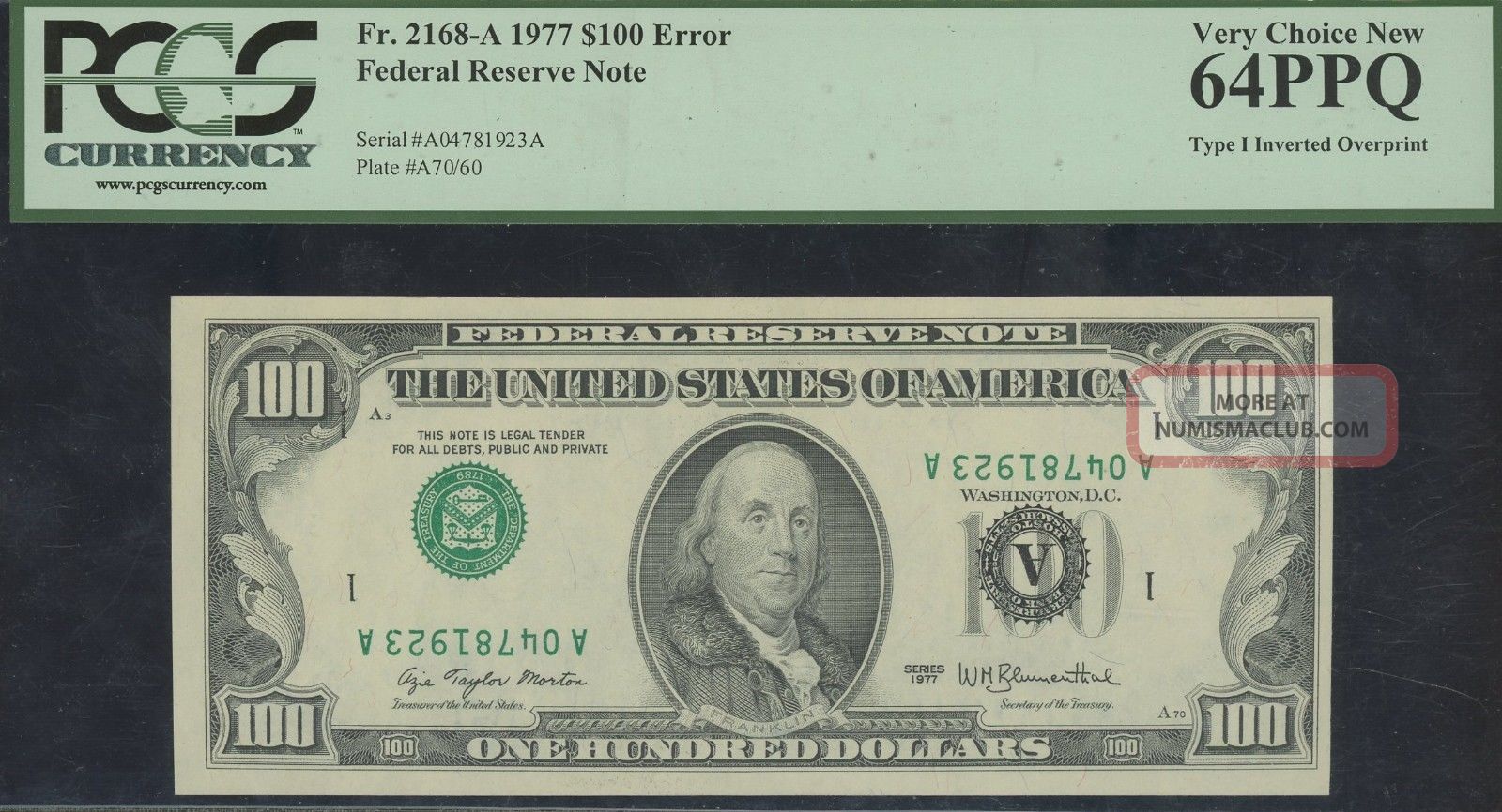 $100 1977 Boston Type 1 Inverted Overprint Error Pcgs 64ppq Paper Money: US photo