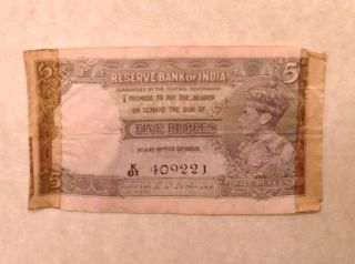 - 1937 (1943) British India Five 5 Rupees Banknote George Vi P 18b photo