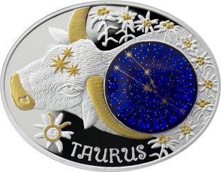 Macedonia 2014 10 Denars Zodiac Signs - Taurus Silver Proof Coin Cobalt Glass photo