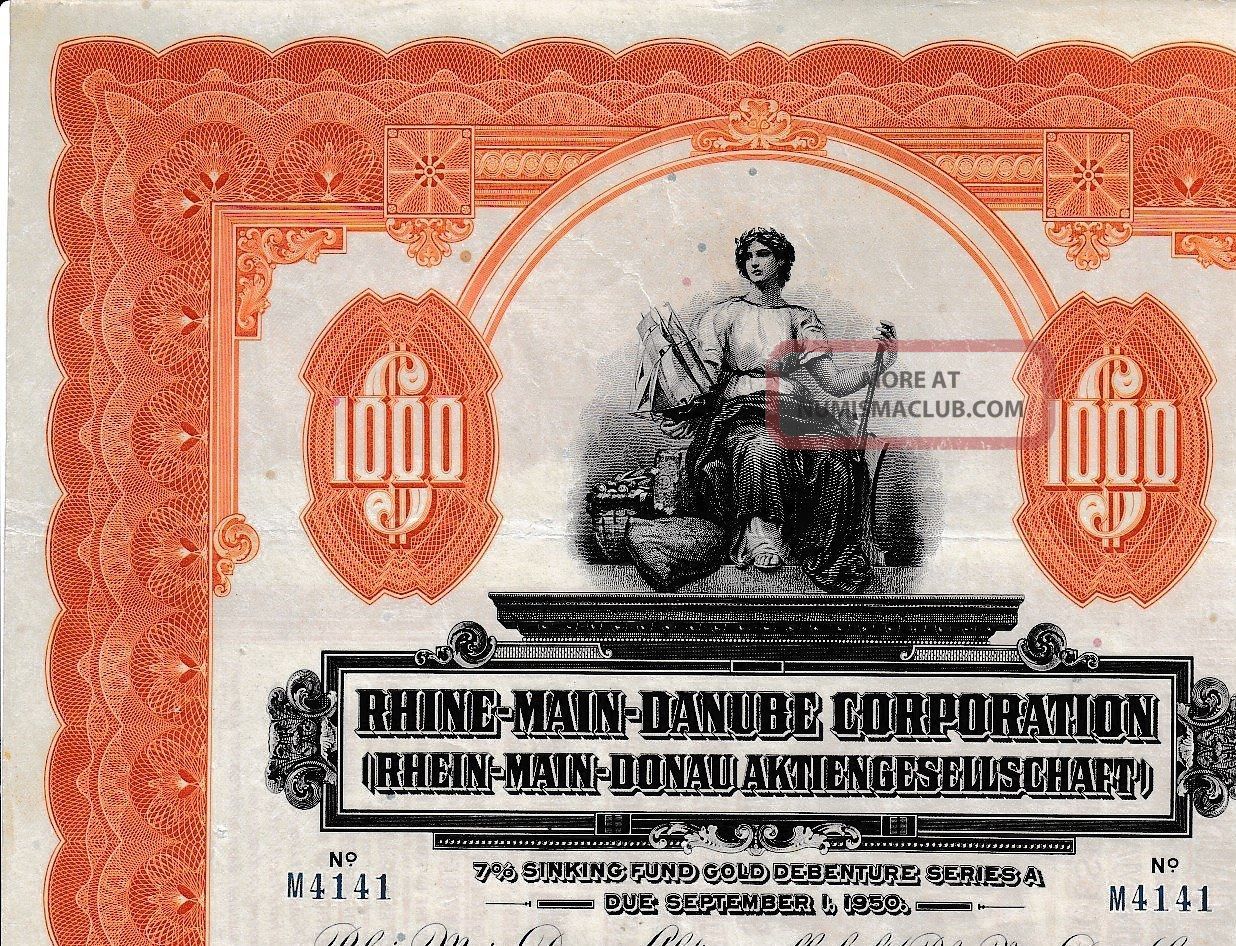 Rhine - Main - Danube Corp.  Hist Gold Bond 1925,  Coupons Germany Not Hole Punched Y Stocks & Bonds, Scripophily photo