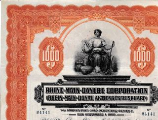 Rhine - Main - Danube Corp.  Hist Gold Bond 1925,  Coupons Germany Not Hole Punched Y photo