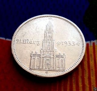 Rare 1934 G Ww2 5 Mark 90 Silver German Garrisonkirche W/d 3rd Reich Coin photo