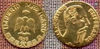 Brilliant Un Circulated,  1865 Mexican ' Gold ' Coin,  Maximillian Peso,  0.  5 Grams photo