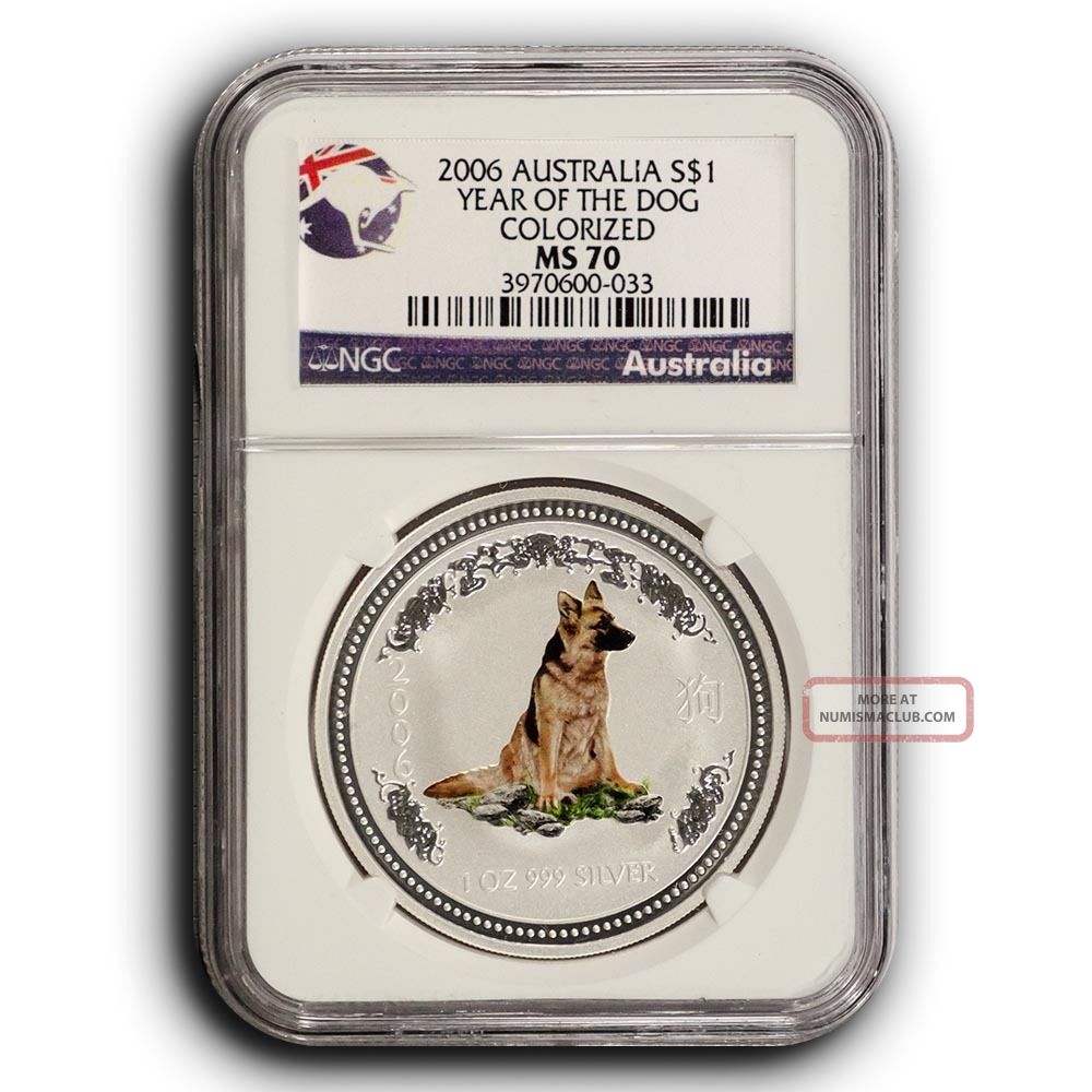 2006 Ngc Ms70 Australia Year Of The Dog Colorized.  999 1 Oz Silver Coin Australia photo