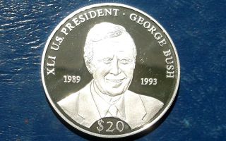 . 999 Silver 2000 Liberia 20 Dollar George W Bush Low Mintage 20k Proof 40mm photo