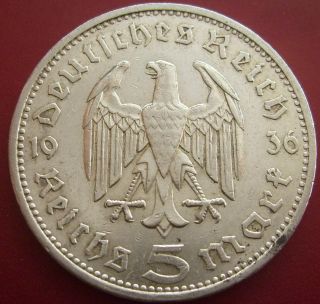 Wwii Antique Germany 5 Mark 1936 A Berlin Silver German Coin Big Eagle (vik15) photo