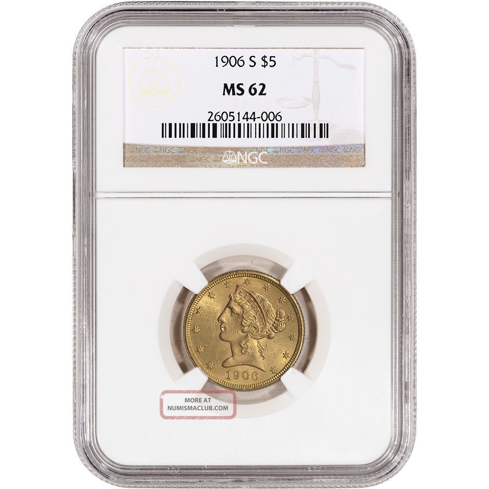 1906 - S Us Gold $5 Liberty Head Half Eagle - Ngc Ms62 Gold photo