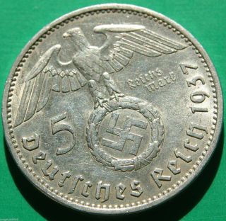 German Silver Coin 5 Rm 1937 A Nazi Coin.  900 Silver Big Swastika photo