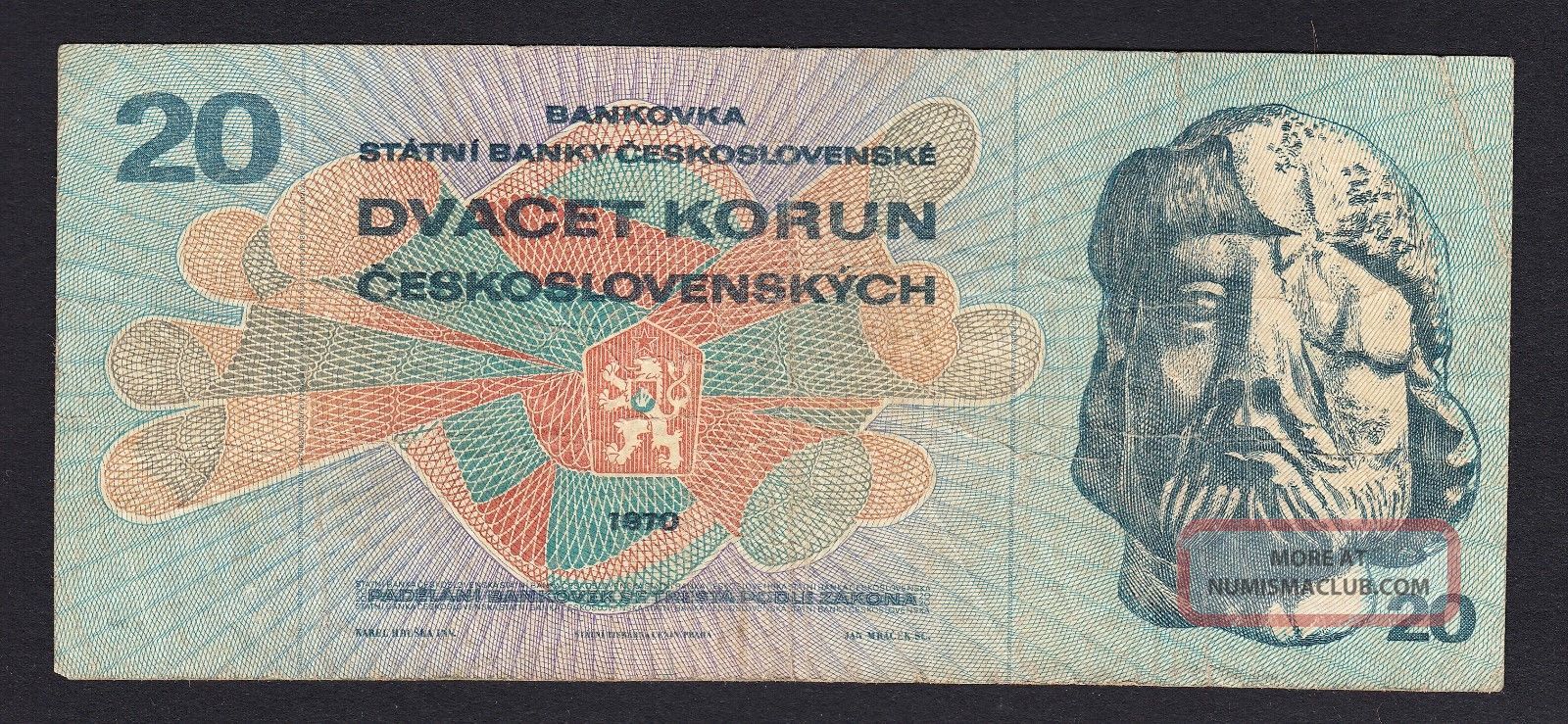 Czechoslovakia 20 Korun 1970 F - Vf P.  92,  Banknote,  Circulated Europe photo