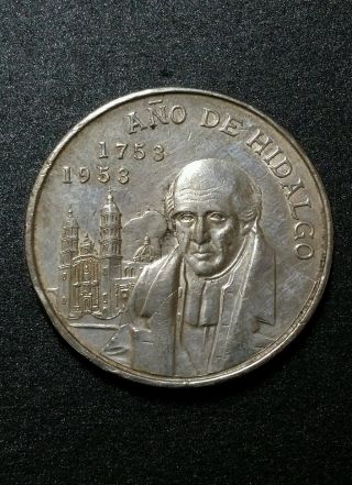 1953 Mexico Cinco Pesos Coin.  720 Silver 200 Year Anniversary Ano De Hidalgo photo