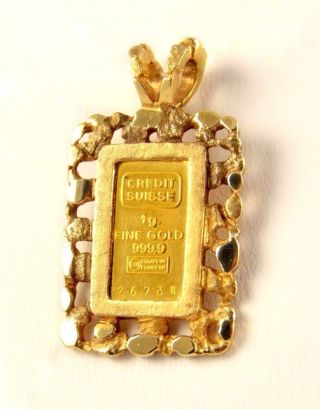 Credit Suisse 1g 999.  9 Fine Gold Bar In 14k Yellow Gold Nugget Pendant Bezel 5g photo