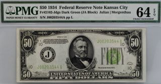 1934 $50 Federal Reserve Note Fr 2102 - Jdgs Bill Kansas City Pmg 64 Epq Ja Block photo