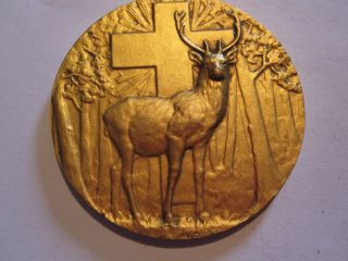 Boxed Huntingmedal/ Deer/goldplated Bronze Medal By Charles/ Saint Hubert photo