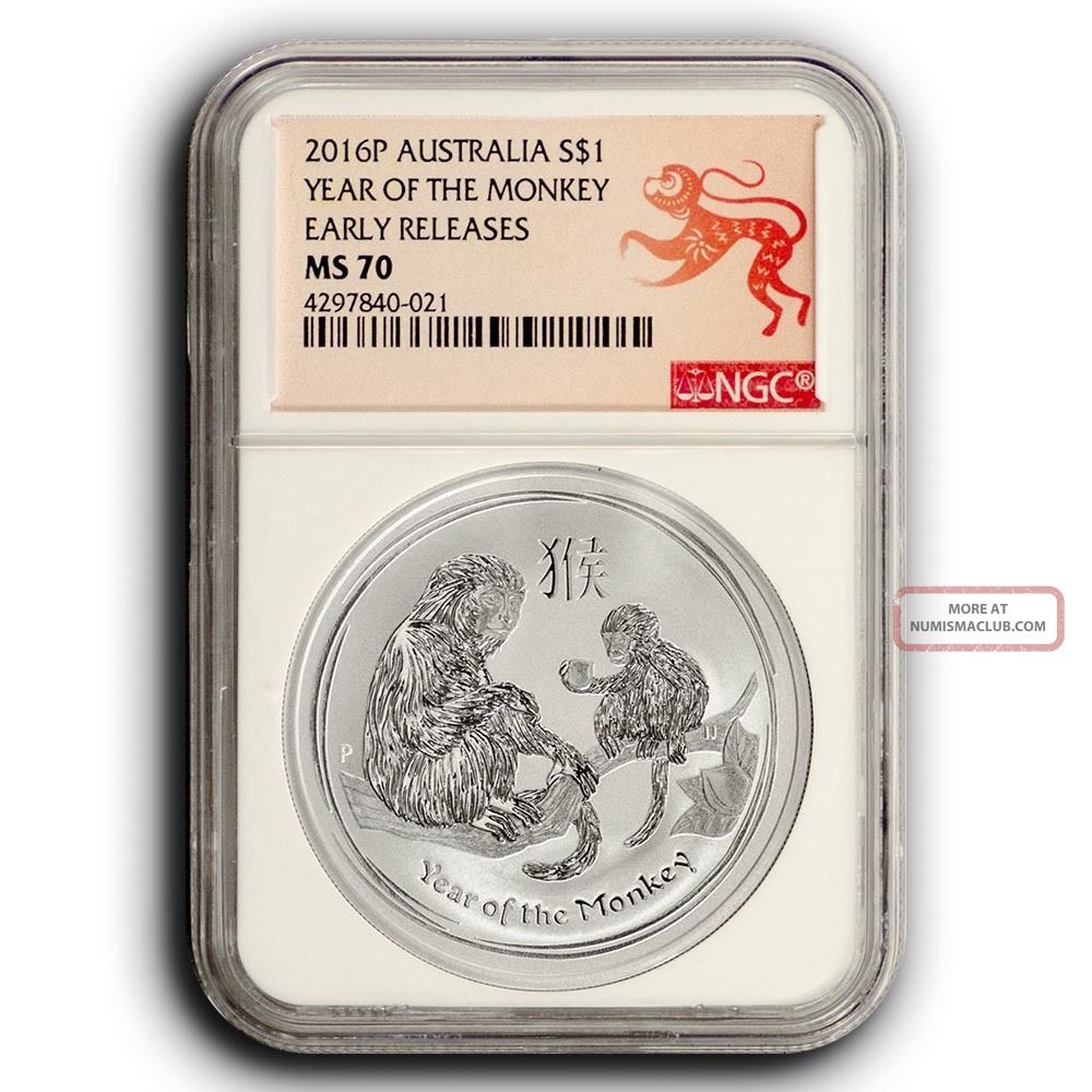2016 P Ngc Ms70 Er 1 Oz Australia Lunar Year Of The Monkey. 999 Silver