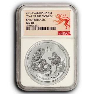 2016 P Ngc Ms70 Er 1 Oz Australia Lunar Year Of The Monkey.  999 Silver $1 Coin photo