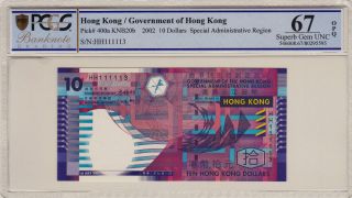 Lucky Hh111113 Pcgs Gem 67 Opq 2002 Hong Kong Government 10 Dollar Unc photo