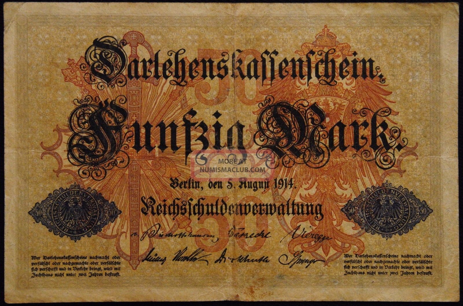 German Empire Darlehenskassenschein 50 Mark Note 5 August 1914 Europe photo