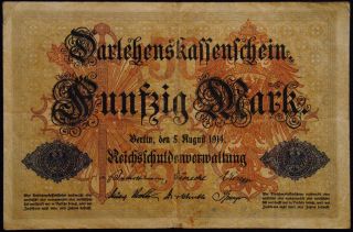 German Empire Darlehenskassenschein 50 Mark Note 5 August 1914 photo