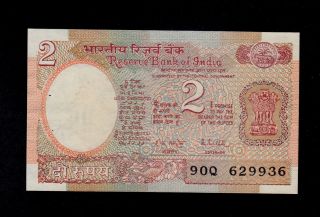 India 2 Rupees (1985 - 90) 90/q Pick 79h Au - Unc W/h Banknote. photo