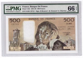 France 500 Francs Banknote 1991 - 93 Pick 156i Pmg Gem Unc 66 Epq photo