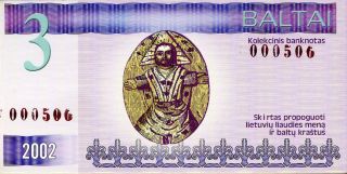 Lithuania 3 Baltai 2002 Unc Fantasy Uncirculated Note photo