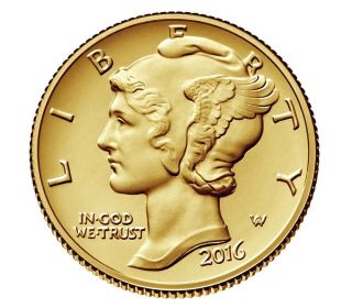 . 9999 Fine Gold Mercury Dime 2016 Centennial Coin 1/10 Oz Pre photo