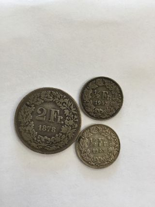 1878 Switzerland 2 Francs & 1943 & 1901 1/2 Francs Silver photo