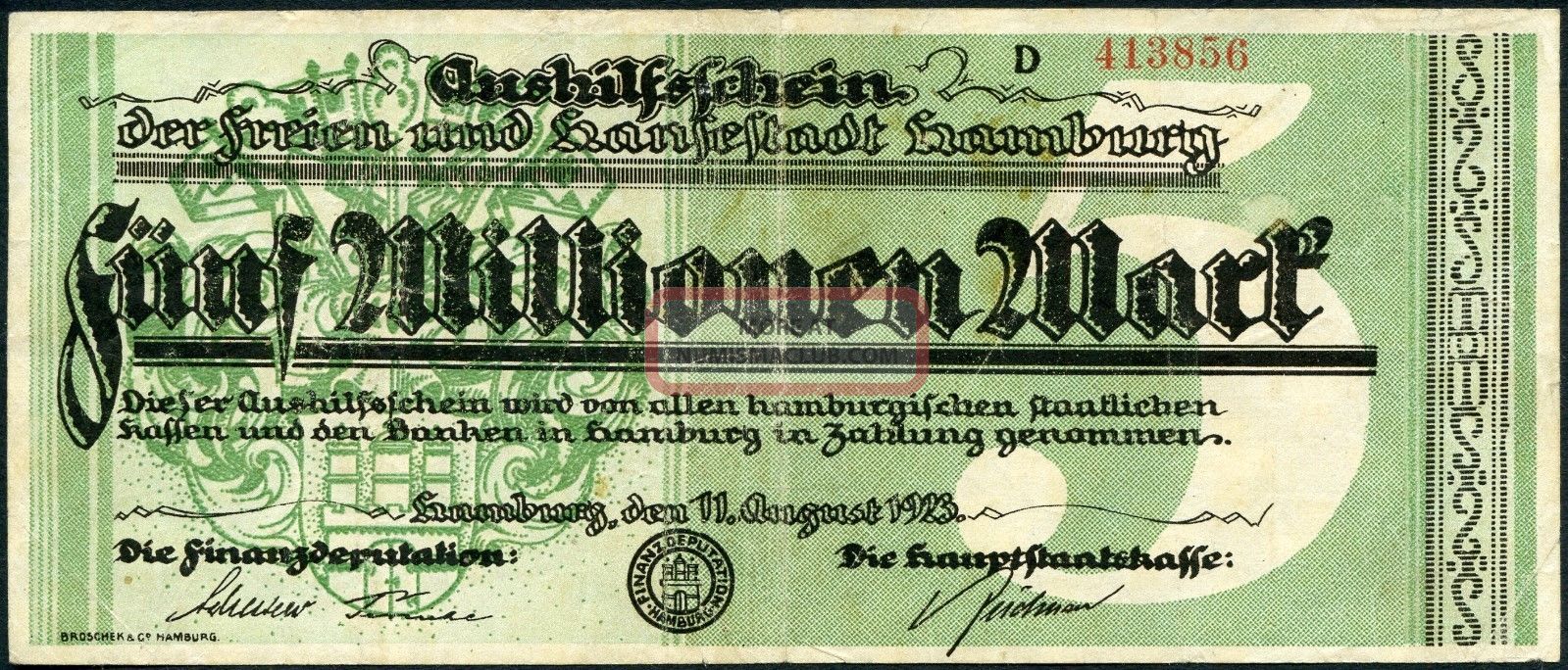 Finanzdeputation Hamburg 5 Millionen Mark 11/8/1923 F Gr.  Ham - 20c Europe photo