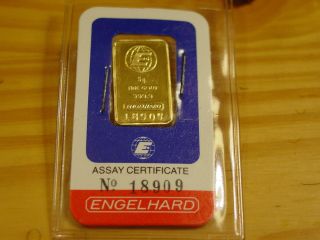 Rare 5 Gram 999.  9 Fine Gold Engelhard Bar Vintage Old Numbered In Assay photo