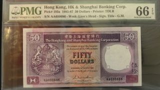 Hong Kong,  $50,  1985,  Hsbc,  P - 193a,  Aa Prefix Pmg 66 Epq Rare photo