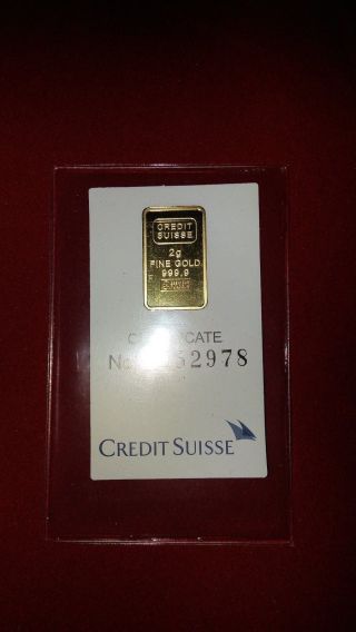 2 Gram Credit Suisse Statue Of Liberty Gold Bar (w/assay) 999.  9 Fine Gold photo