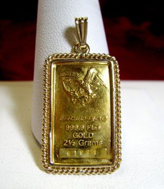 999.  9 Fine Gold Engelhard Bar 2.  5 Grams Ingot Pendant In 14k Gold Frame Bezel photo