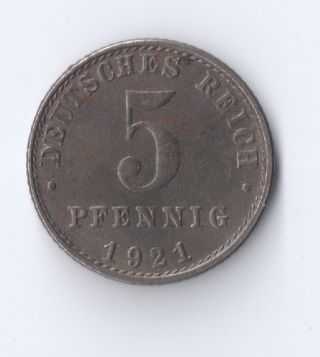 Germany Weimar 5 Pfennig Coin 1921 A Jaeger 297 photo