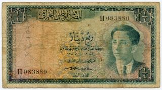 Iraq 1947 (1950) Issue King Faisal Ii 1/4 Dinar Scarce Note Fine.  Pick 27. photo