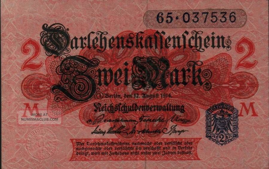 1914 Germany 2 Mark Banknote Uncirculated Europe photo