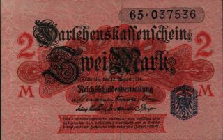 1914 Germany 2 Mark Banknote Uncirculated photo
