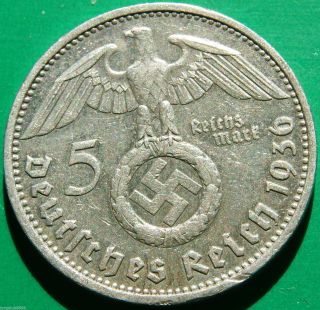 German Silver Coin 5 Rm 1936 D Nazi Coin.  900 Silver Big Swastika photo