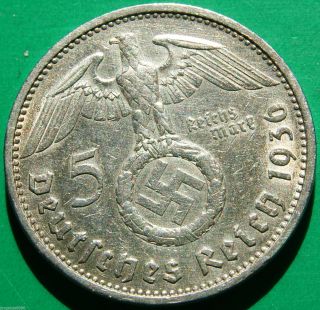 German Silver Coin 5 Rm 1936 A Nazi Coin.  900 Silver Big Swastika photo