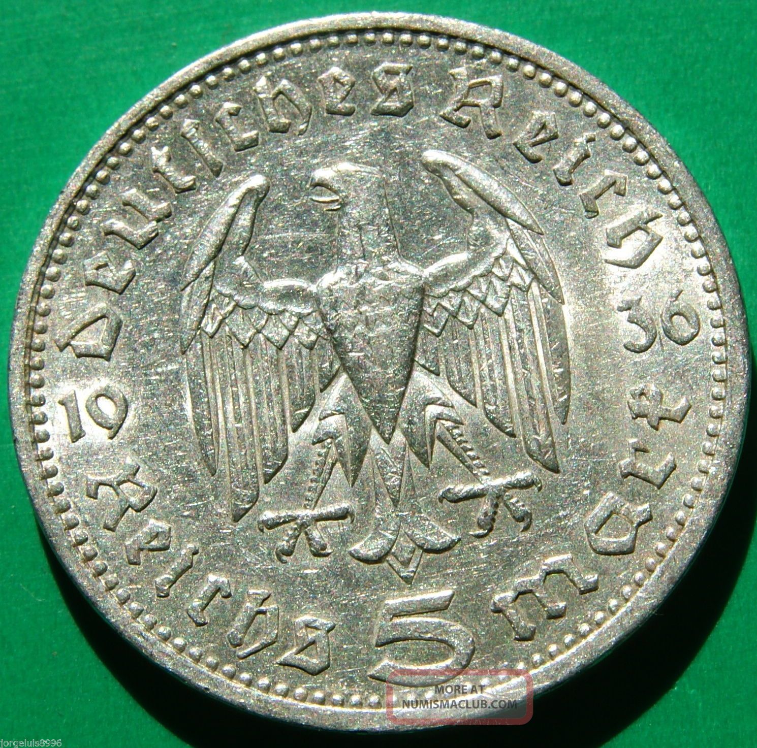 German Silver Coin 5 Rm 1936 A Nazi Coin. 900 Silver Big Eagle