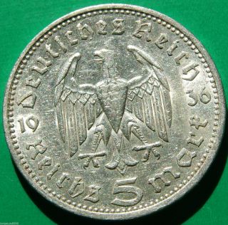 German Silver Coin 5 Rm 1936 A Nazi Coin.  900 Silver Big Eagle photo