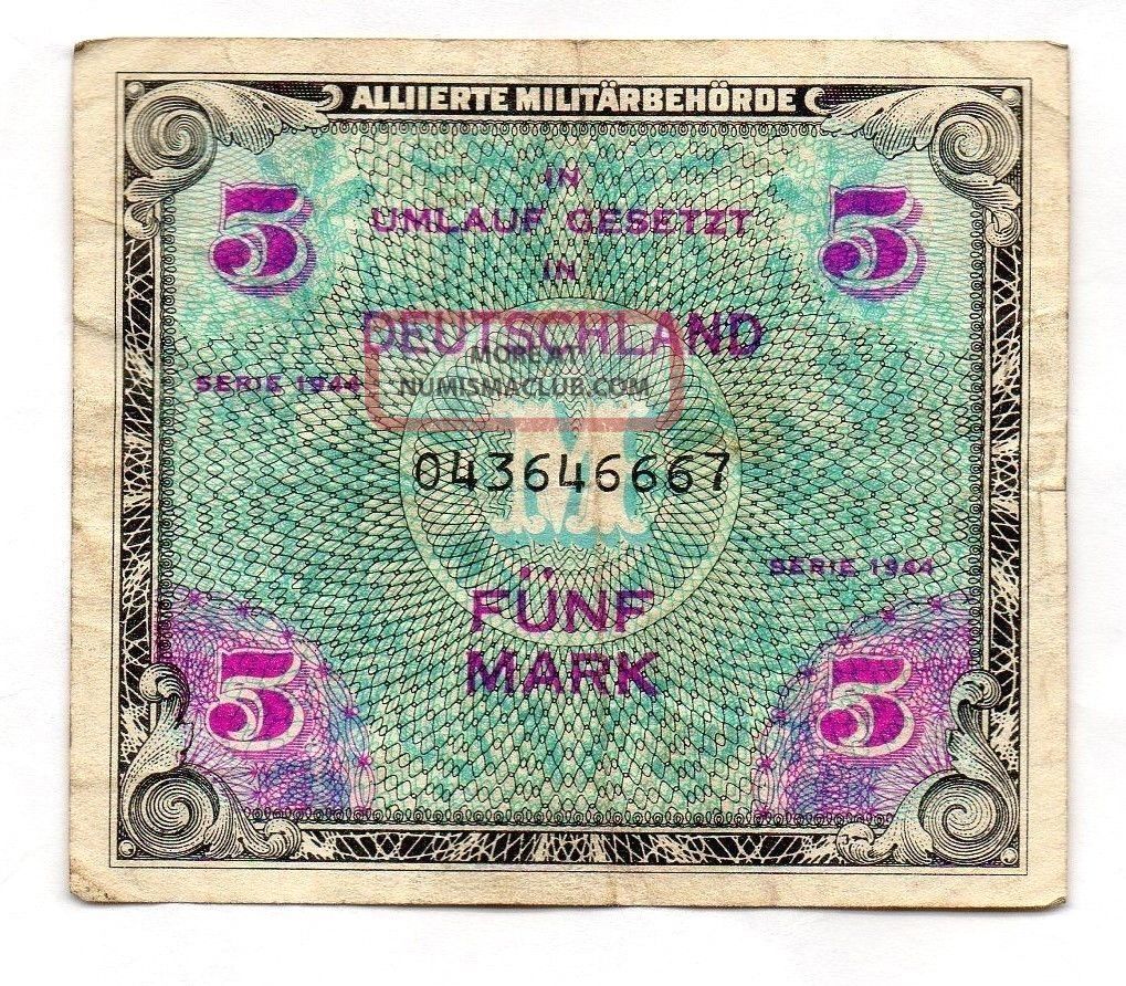 X - Rare 5 Mark Banknote Alied Occupation Us Print 1944 Europe photo