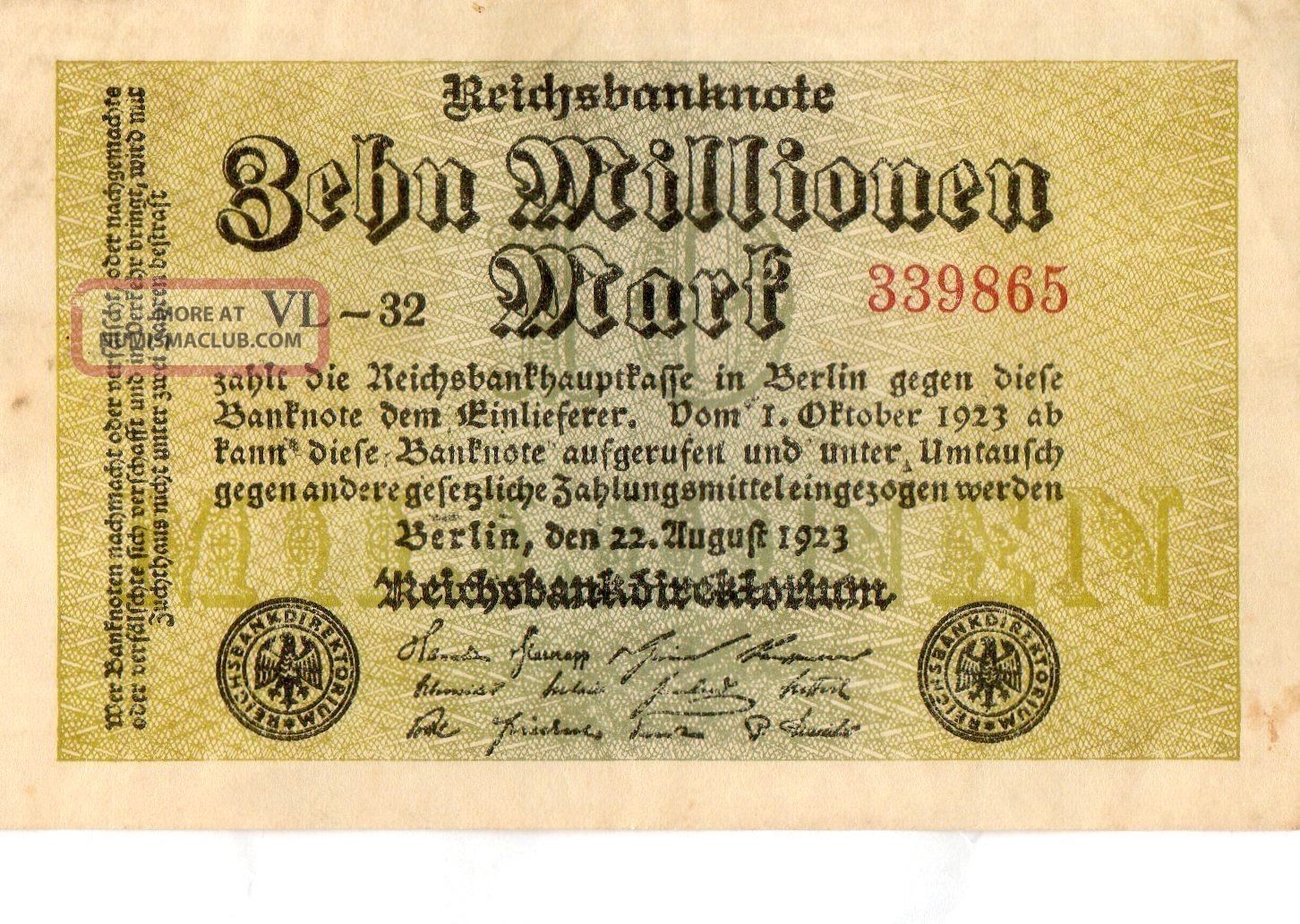 Xxx - Rare 10 Million Mark Weimar Inflation Banknote 1923 Very Good Co Europe photo