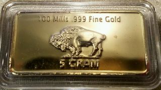 5 Gram Fine Gold Bullion Bar 100 Mills.  999 Pure 24k American Buffalo Bison photo