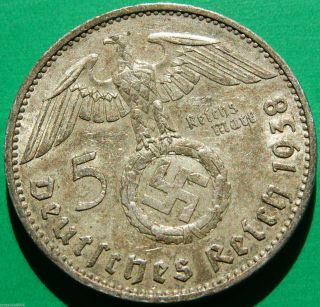 German Silver Coin 5 Rm 1938 A Nazi Coin.  900 Silver Big Swastika photo
