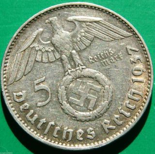 German Silver Coin 5 Rm 1937 J Nazi Coin.  900 Silver Big Swastika photo