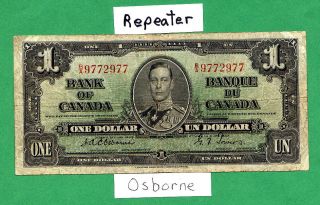 Rare Repeater Osborne 1937 Canada One Dollar Bill Canadian 1 Dollars Note photo