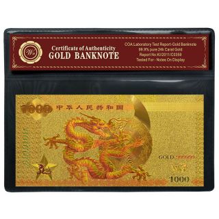 Colored Chinese Dragon Note Rmb 1000 24k Gold Banknote Uncirculated In Frame photo